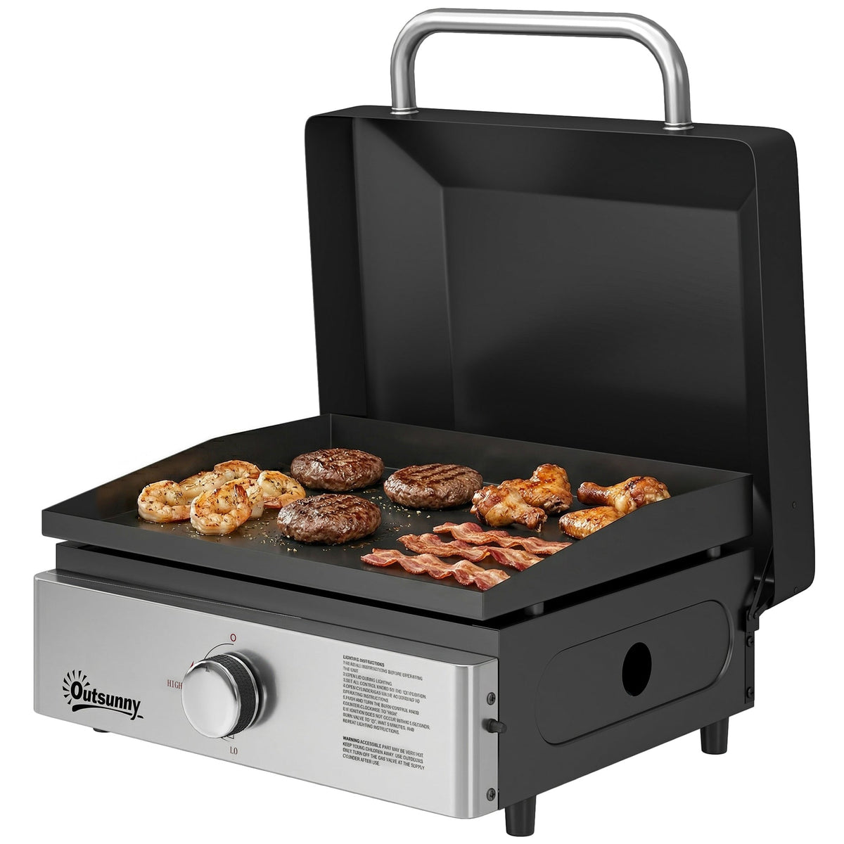 Portable Gas Plancha Grill 3.5 kW, Tabletop Griddle with Grease Cup, Black