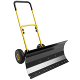 Heavy Duty Metal Snow Pusher with Wheels, 5-level Handle, 29in x 16.5in, Yellow