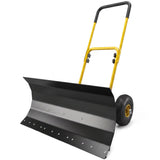 Heavy Duty Metal Snow Pusher with Wheels, 5-level Handle, 29in x 16.5in, Yellow