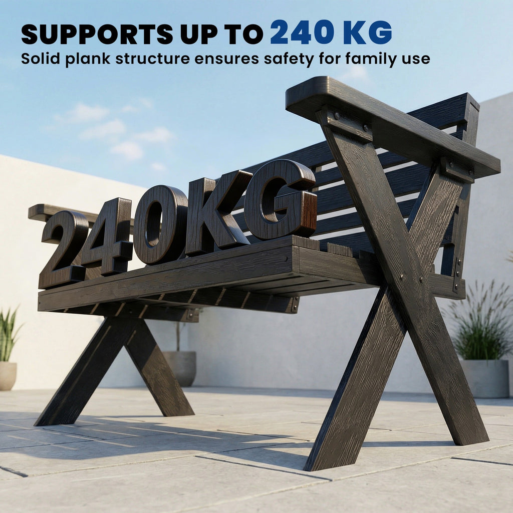 2 Seater Wooden Garden Bench with X-Frame Legs, Black