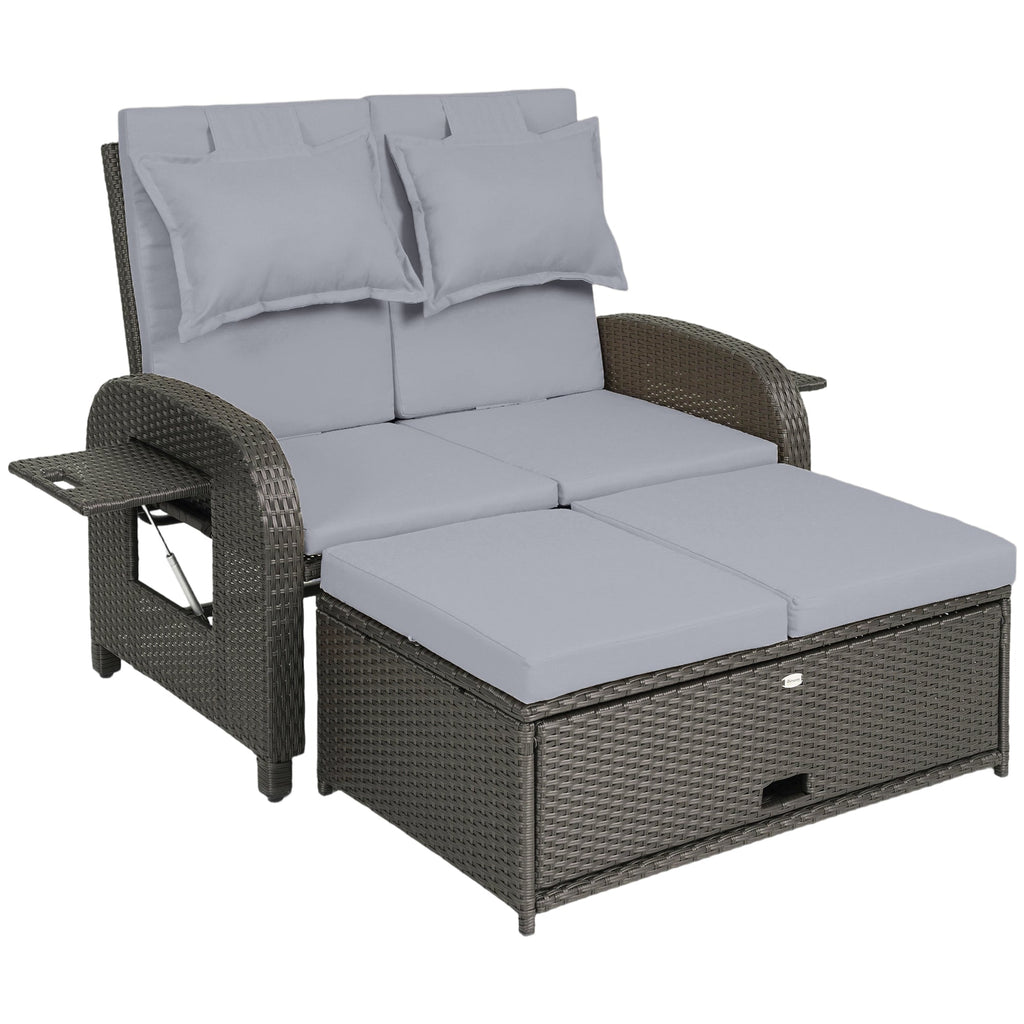 Rattan Patio Daybed with Storage Ottoman and Adjustable Backrest, Gray