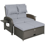 Rattan Patio Daybed with Storage Ottoman and Adjustable Backrest, Gray