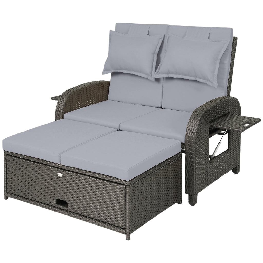 Rattan Patio Daybed with Storage Ottoman and Adjustable Backrest, Gray