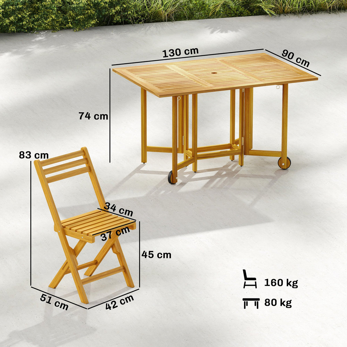 7-Piece Extending Acacia Dining Set with 6 Folding Chairs & Umbrella, Natural