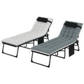 Set of 2 Folding Lounge Chairs with Cushion and Side Pocket, Black/Grey