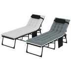 Set of 2 Folding Lounge Chairs with Cushion and Side Pocket, Black/Grey