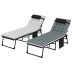 Set of 2 Folding Lounge Chairs with Cushion and Side Pocket, Black/Grey