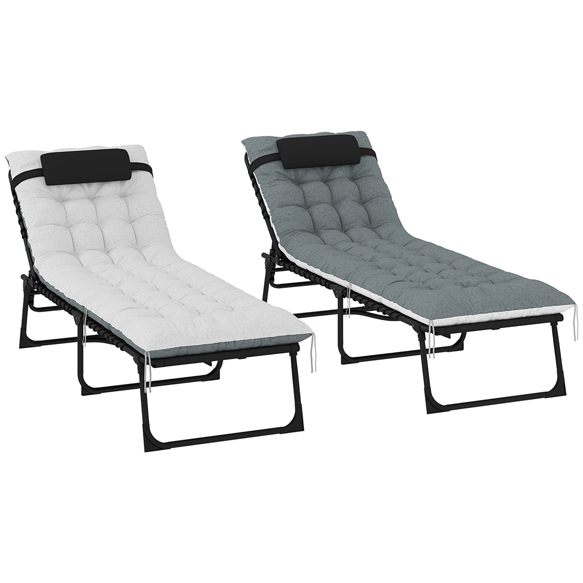 Set of 2 Folding Lounge Chairs with Cushion and Side Pocket, Black/Grey