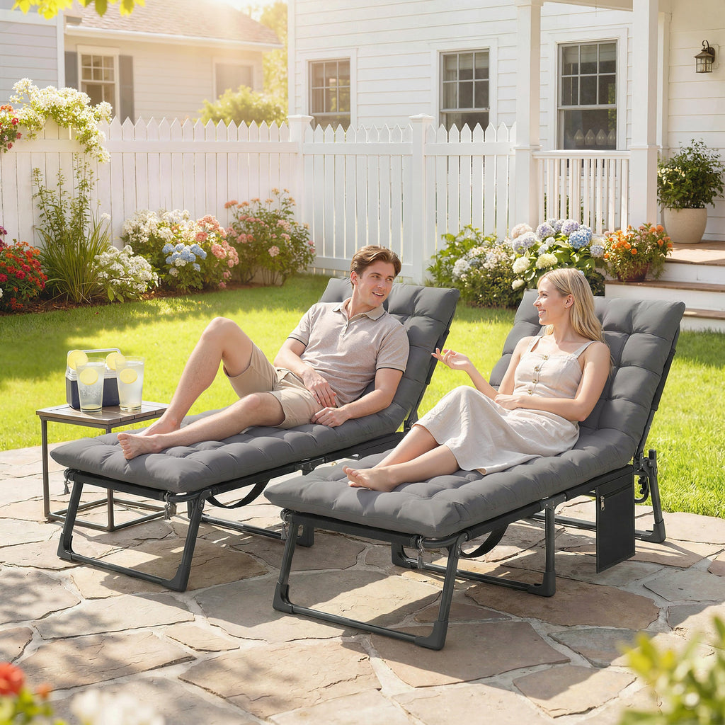Set of 2 Folding Lounge Chairs, 75 cm Wide with Cushion and Side Pocket, Dark Grey
