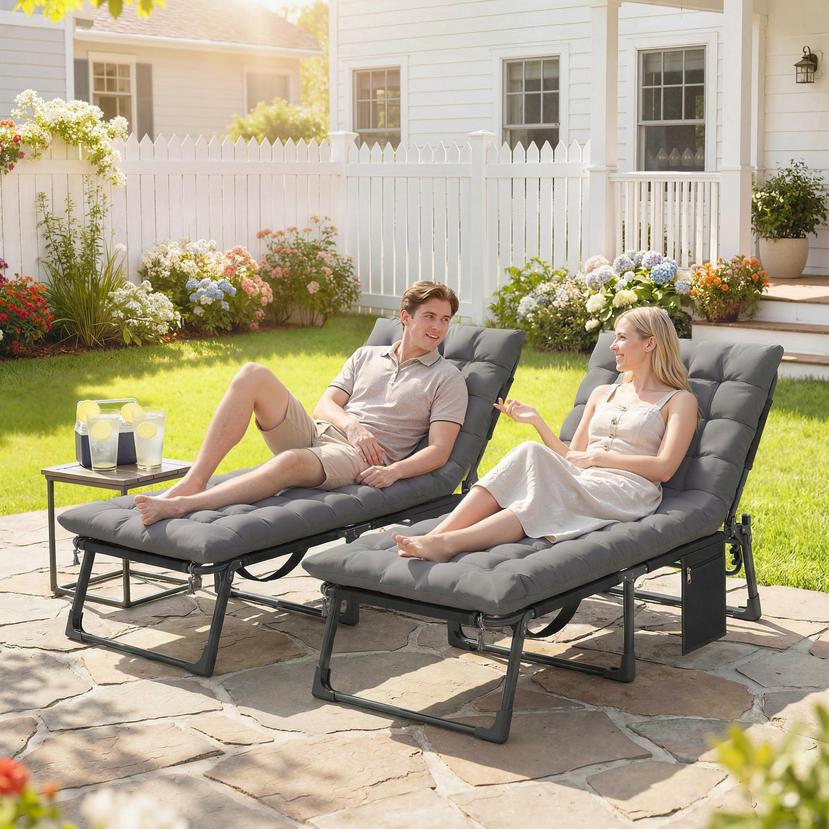 Set of 2 Folding Lounge Chairs, 75 cm Wide with Cushion and Side Pocket, Dark Grey