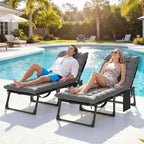 Set of 2 Folding Lounge Chairs, 75 cm Wide with Cushion and Side Pocket, Dark Grey