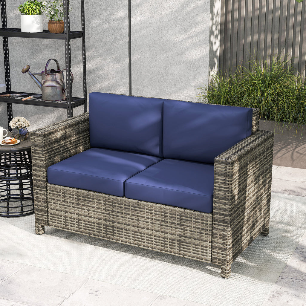 2-Seat Patio Loveseat Wicker Sofa with Cushions, Dark Blue
