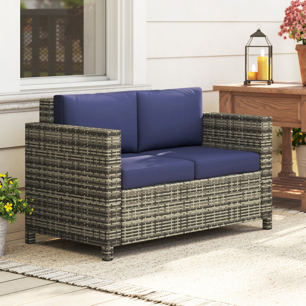 2-Seat Patio Loveseat Wicker Sofa with Cushions, Dark Blue