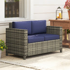 2-Seat Patio Loveseat Wicker Sofa with Cushions, Dark Blue