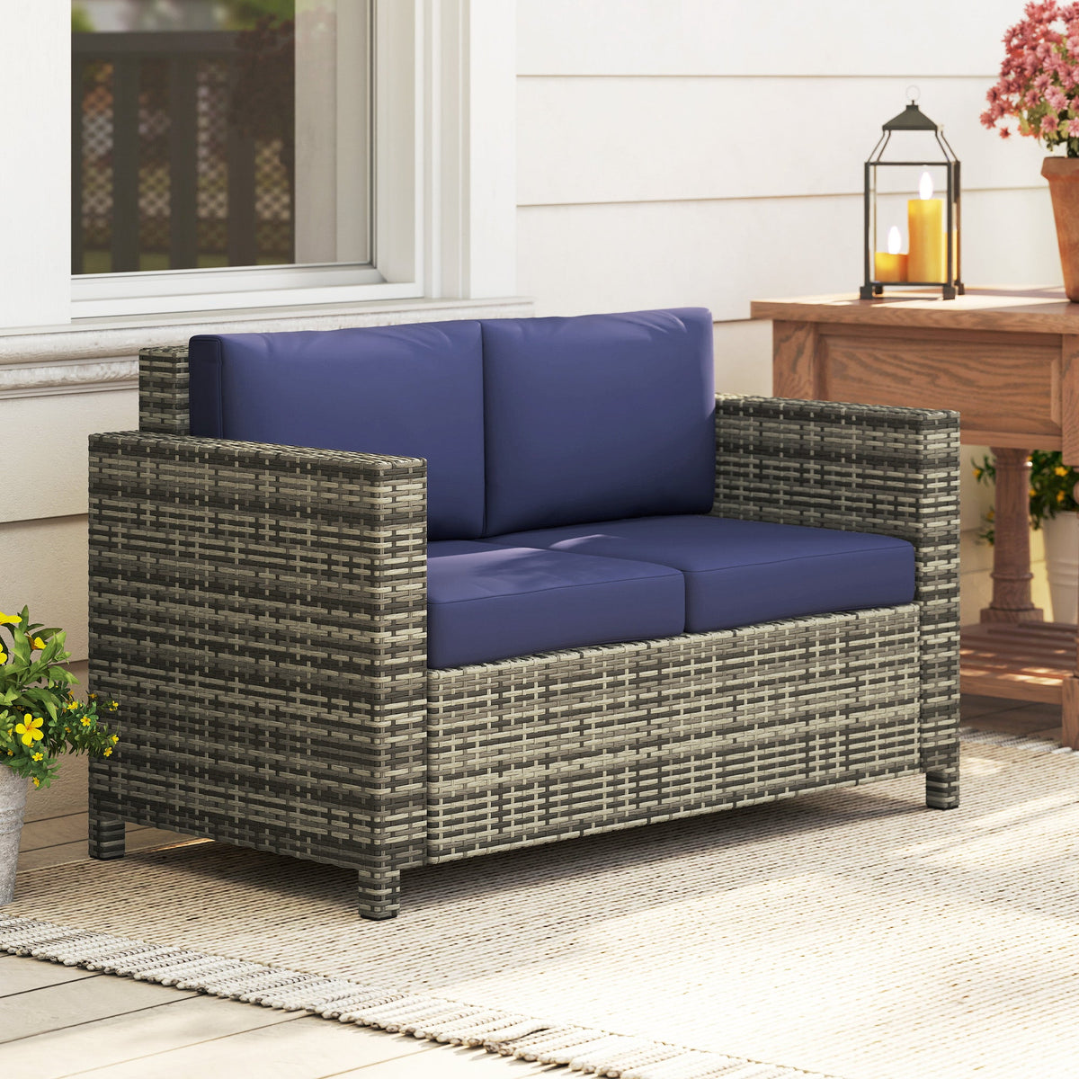 2-Seat Patio Loveseat Wicker Sofa with Cushions, Dark Blue