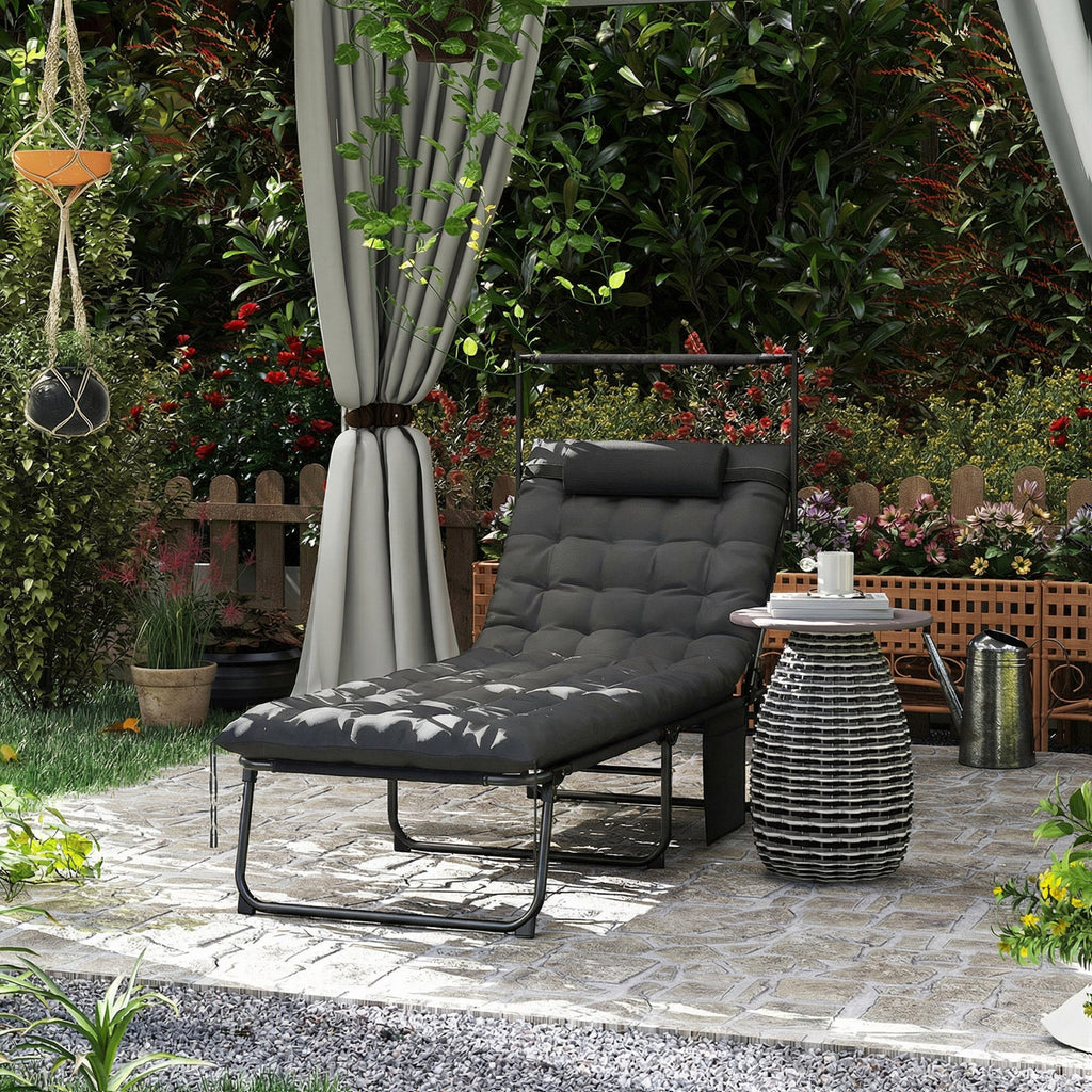 Folding Chaise Lounge Chair with Cushion, Sun Shade and Headrest, Dark Grey