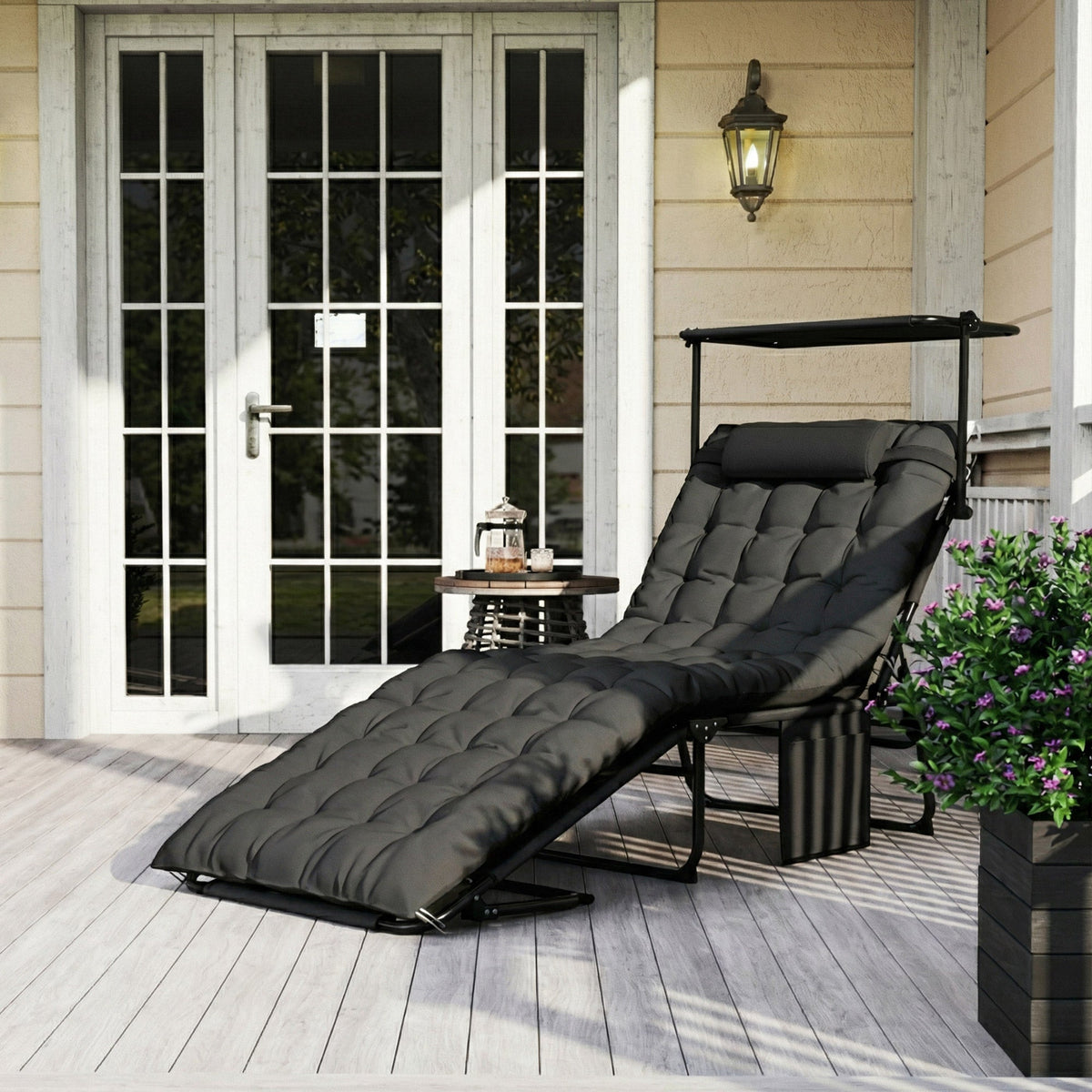 Folding Chaise Lounge Chair with Cushion, Sun Shade and Headrest, Dark Grey