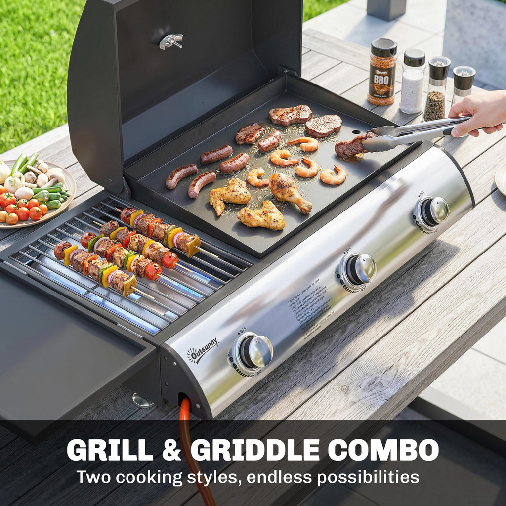 3-Burner Portable Gas Plancha Grill 8.1 kW with Griddle & Side Shelf, Black