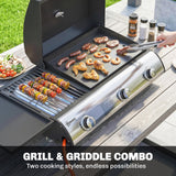 3-Burner Portable Gas Plancha Grill 8.1 kW with Griddle & Side Shelf, Black