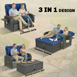 Rattan Patio Daybed with Storage Ottoman and Adjustable Backrest, Navy Blue
