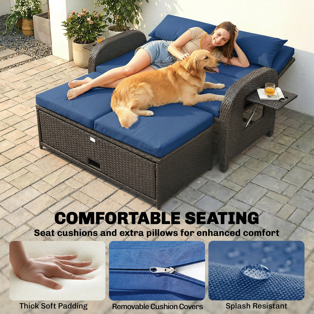 Rattan Patio Daybed with Storage Ottoman and Adjustable Backrest, Navy Blue