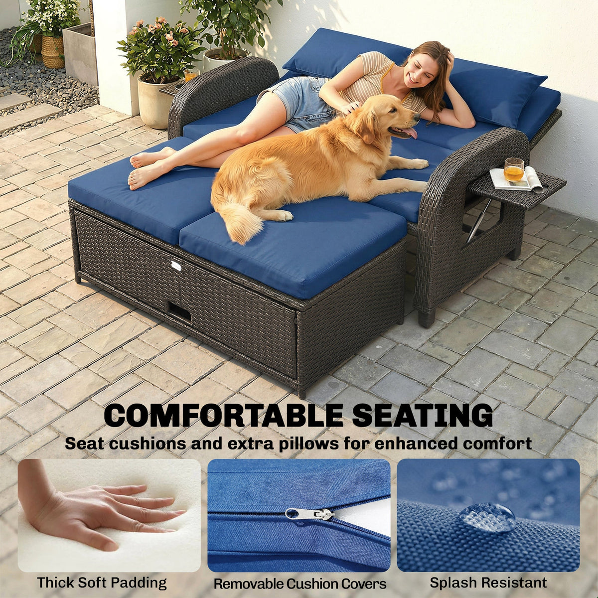 Rattan Patio Daybed with Storage Ottoman and Adjustable Backrest, Navy Blue
