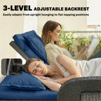 Rattan Patio Daybed with Storage Ottoman and Adjustable Backrest, Navy Blue