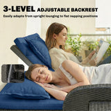 Rattan Patio Daybed with Storage Ottoman and Adjustable Backrest, Navy Blue