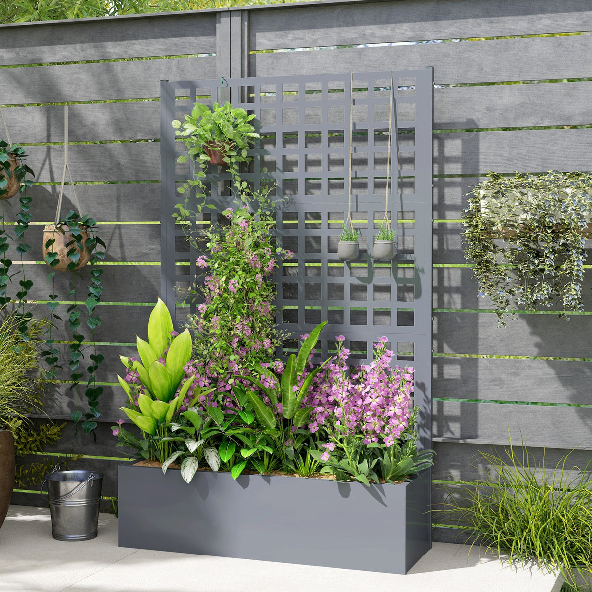 43" x 16" x 70" Raised Garden Bed with Trellis and Privacy Screen, Grey Wood Effect