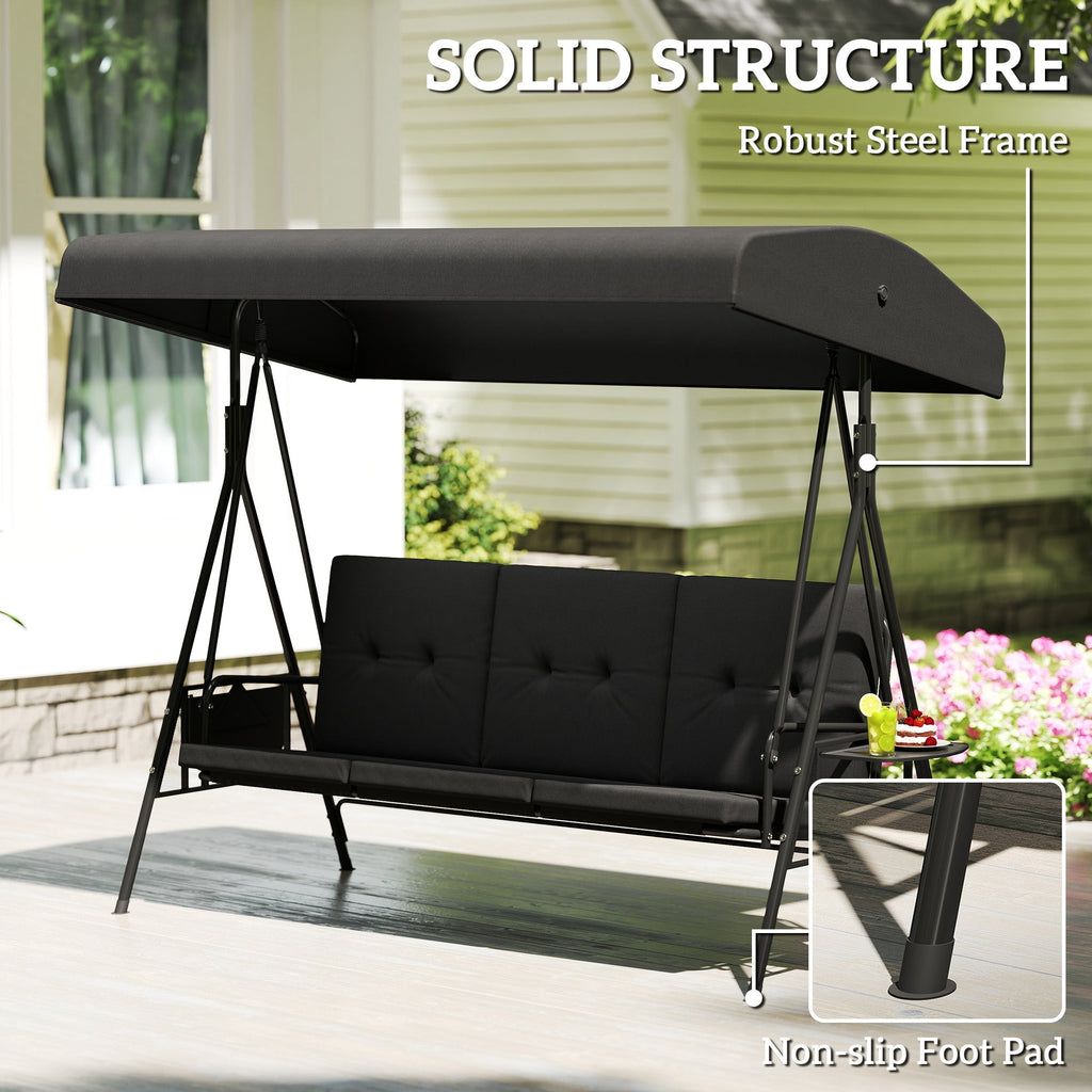 3-Seat Patio Swing Chair with Adjustable Canopy and Side Tray, Black