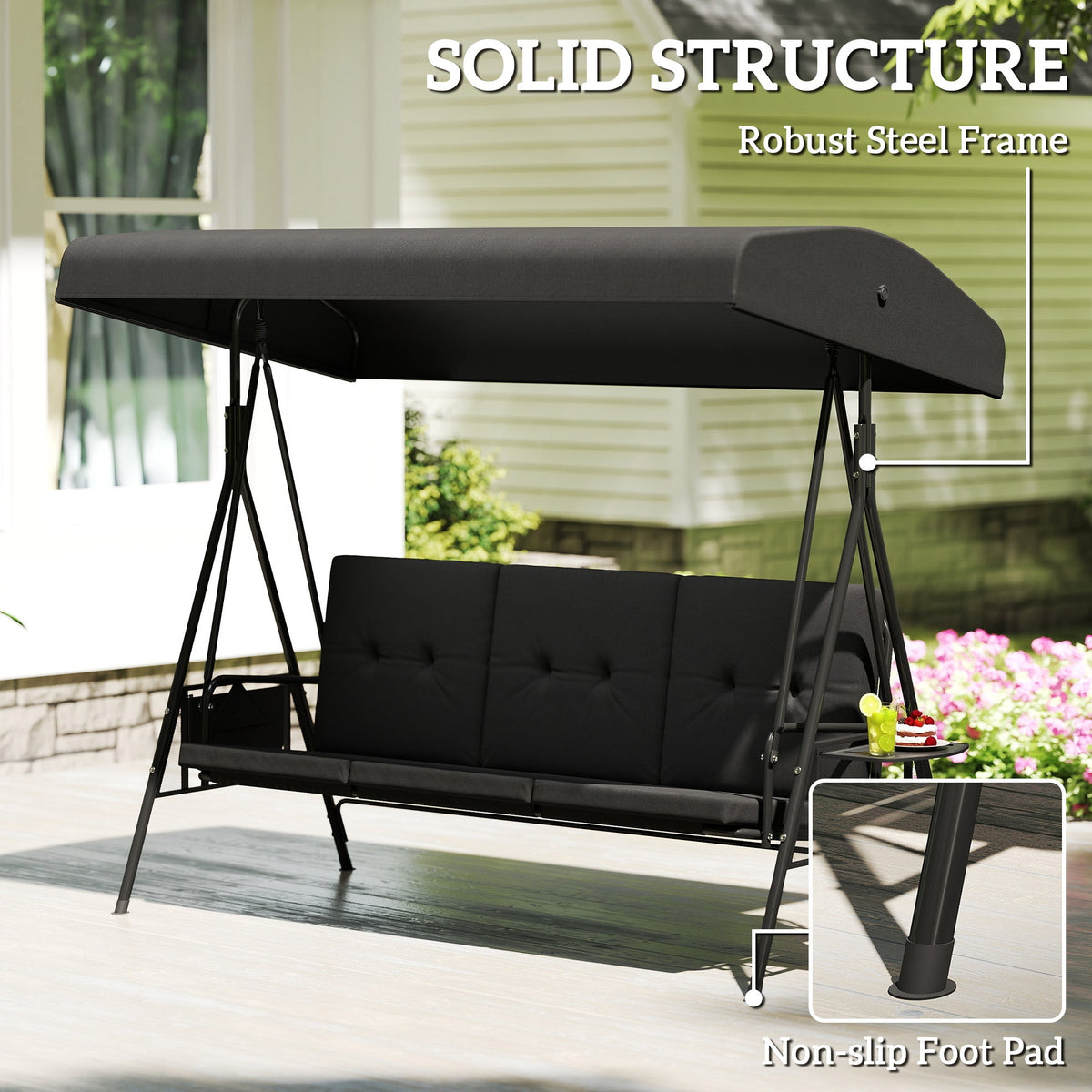 3-Seat Patio Swing Chair with Adjustable Canopy and Side Tray, Black