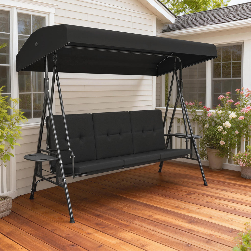 3-Seat Patio Swing Chair with Adjustable Canopy and Side Tray, Black