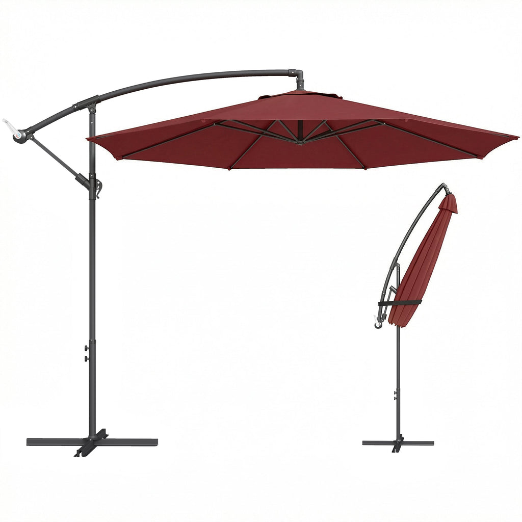3 m Banana Parasol with Crank Handle, 8 Ribs & Cross Base, Wine Red