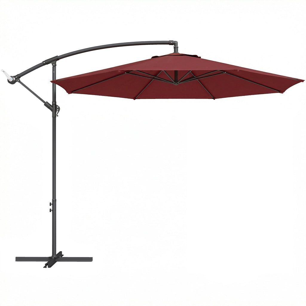 3 m Banana Parasol with Crank Handle, 8 Ribs & Cross Base, Wine Red