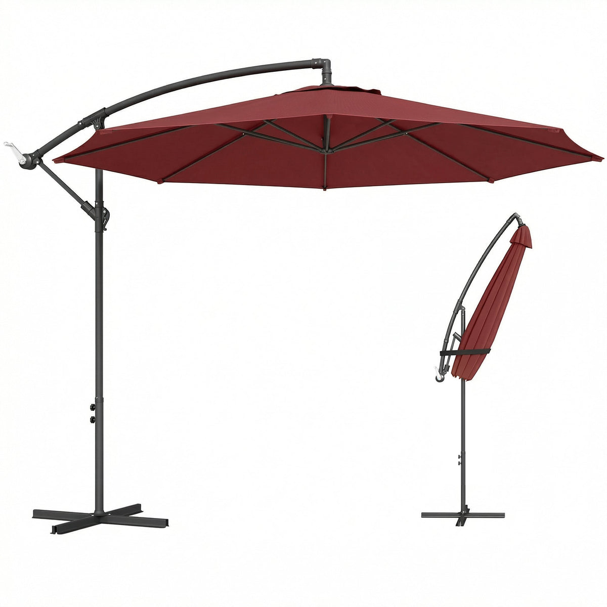 3 m Banana Parasol with Crank Handle, 8 Ribs & Cross Base, Wine Red