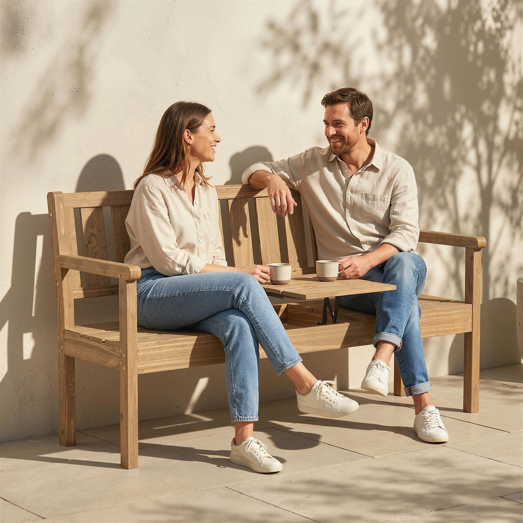 2-3 Seater Wooden Garden Loveseat with Liftable Table, Teak