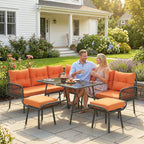 6-Piece 8-Seater Orange Rattan Corner Sofa Set with Cushions & Glass Table