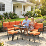6-Piece 8-Seater Orange Rattan Corner Sofa Set with Cushions & Glass Table