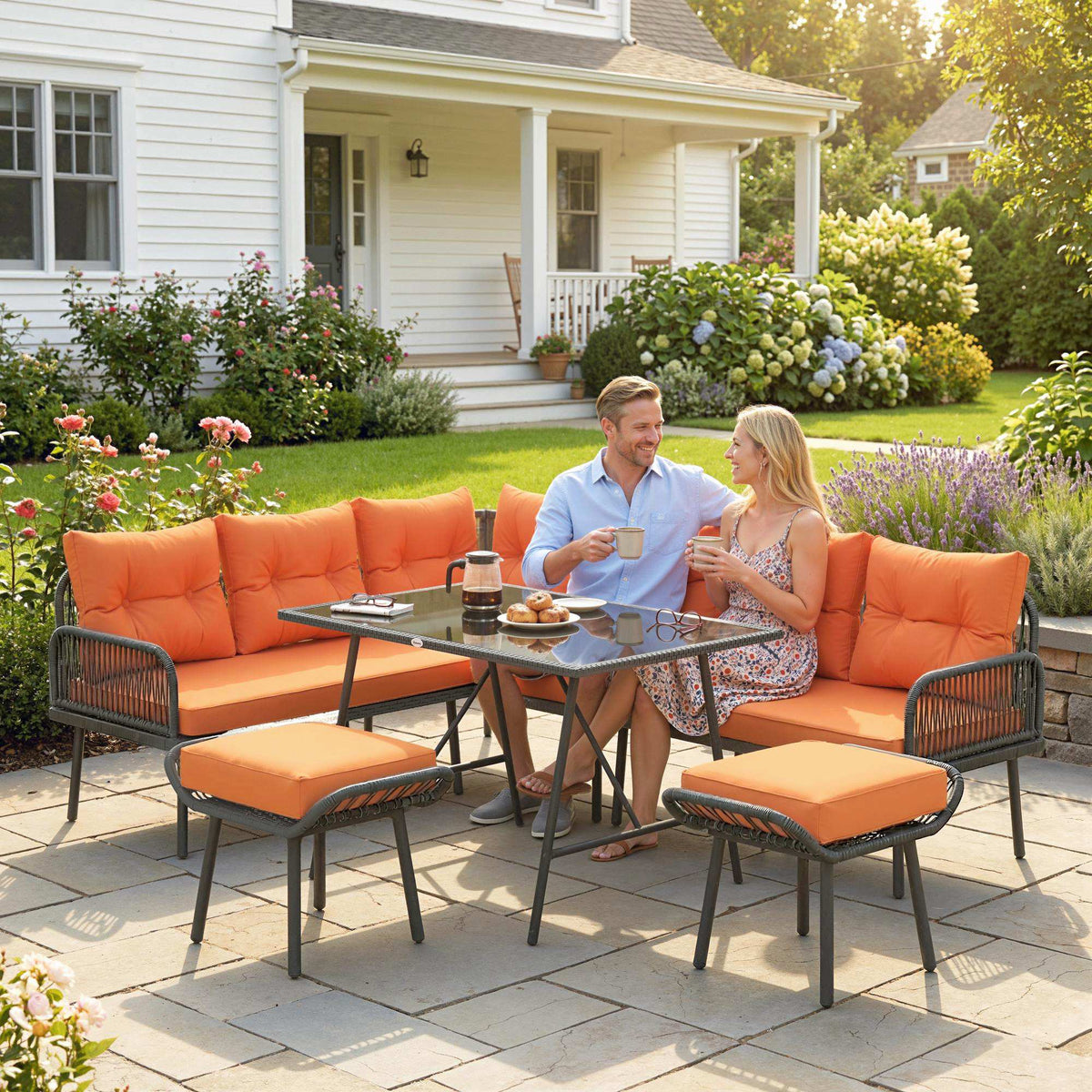 6-Piece 8-Seater Orange Rattan Corner Sofa Set with Cushions & Glass Table
