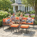 6-Piece 8-Seater Orange Rattan Corner Sofa Set with Cushions & Glass Table