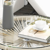 Round Rattan Side Table with Tempered Glass Top, Cream White