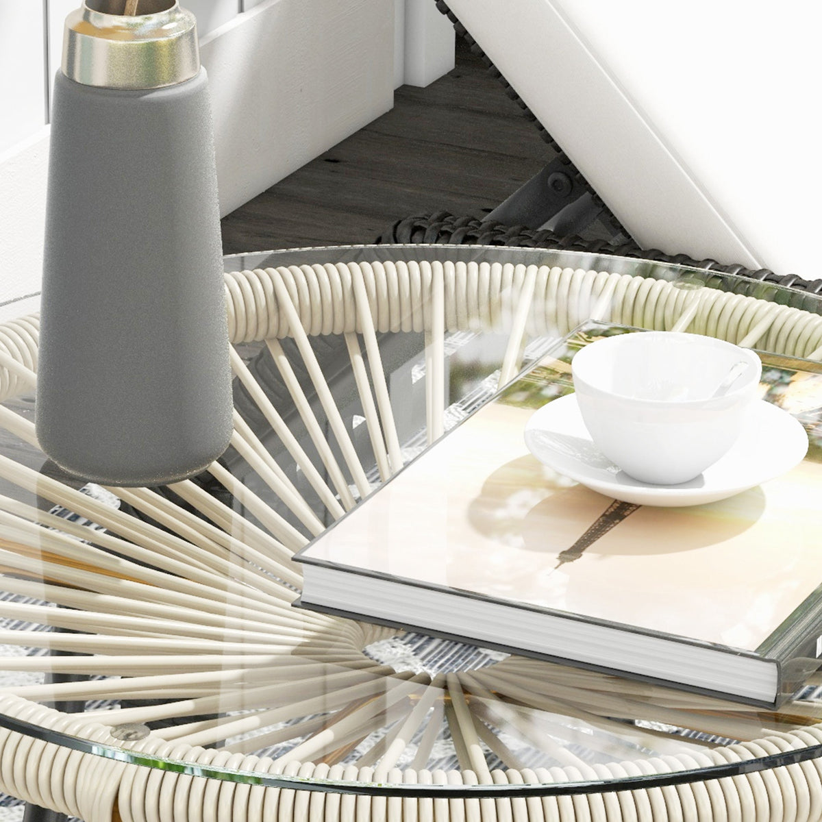 Round Rattan Side Table with Tempered Glass Top, Cream White