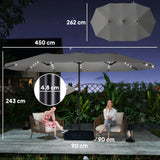 4.5 m Double-Sided Garden Parasol with LED Lights, Base & Sandbags, Grey
