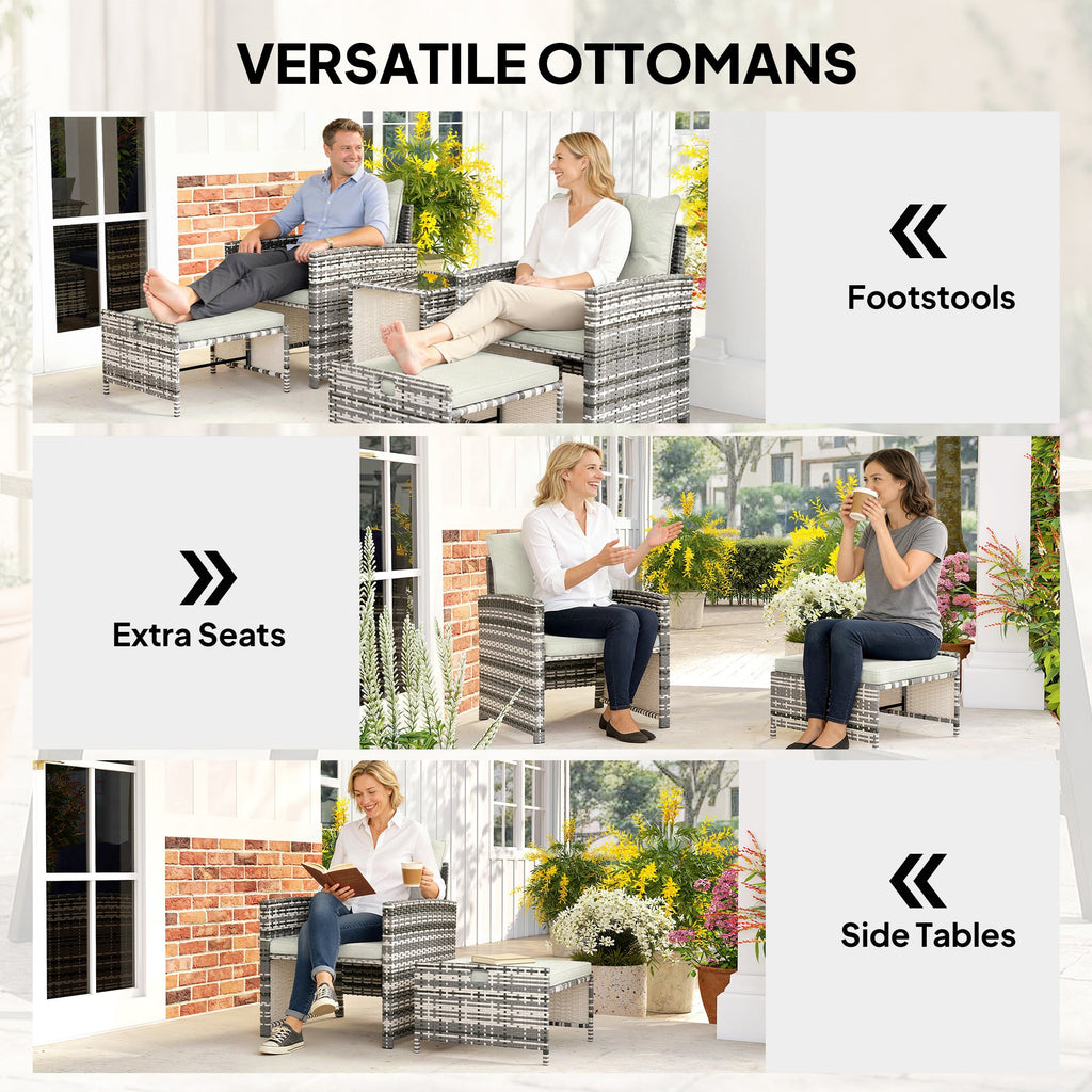 5-Piece Rattan Patio Set with Ottomans and 2-Tier Glass Coffee Table, Grey Cream