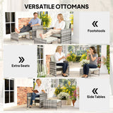 5-Piece Rattan Patio Set with Ottomans and 2-Tier Glass Coffee Table, Grey Cream