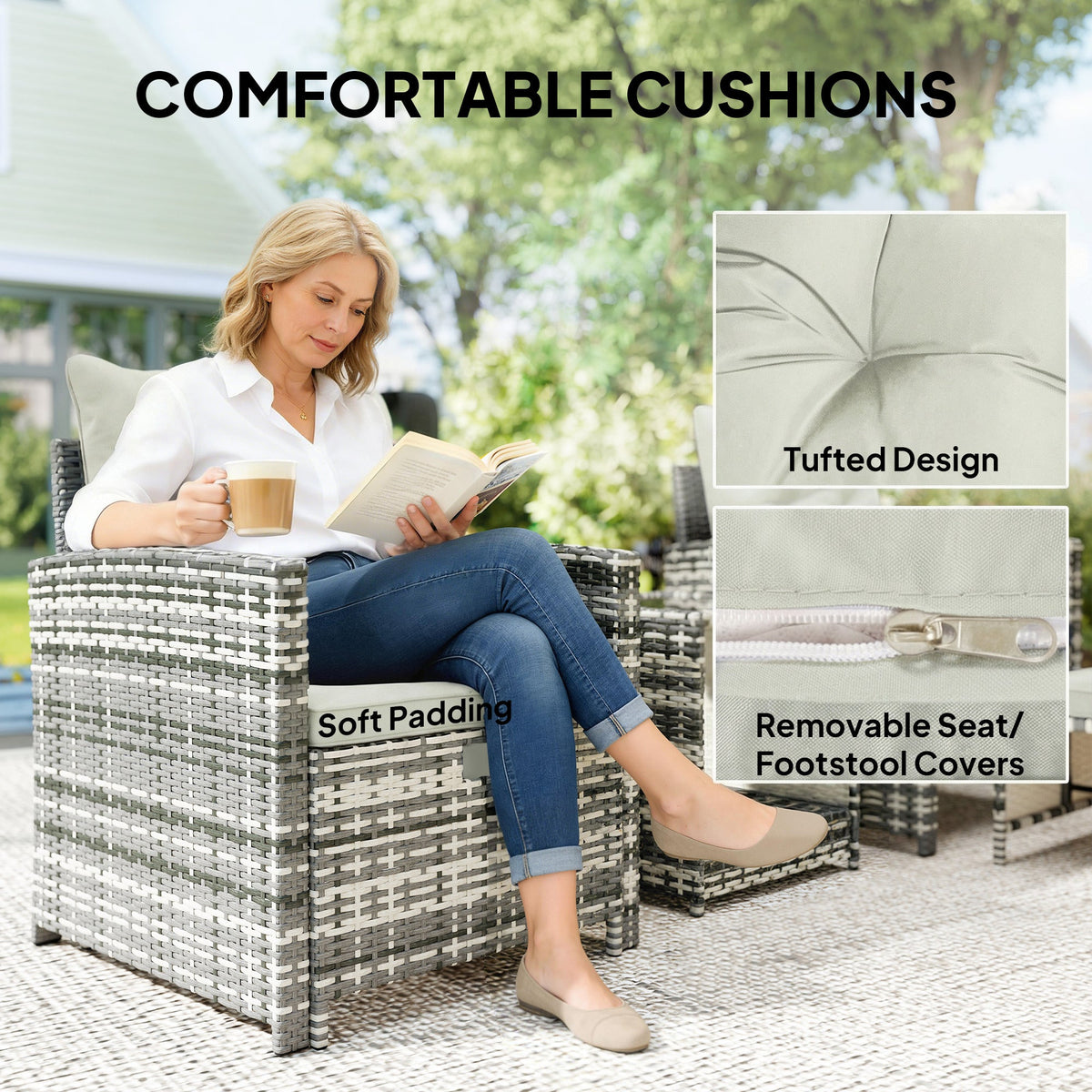 5-Piece Rattan Patio Set with Ottomans and 2-Tier Glass Coffee Table, Grey Cream