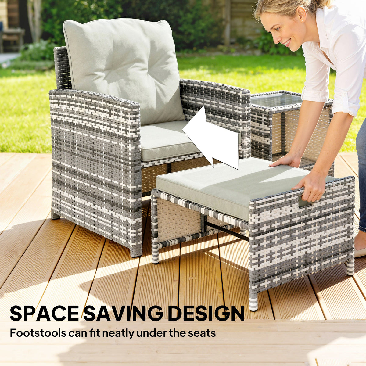 5-Piece Rattan Patio Set with Ottomans and 2-Tier Glass Coffee Table, Grey Cream