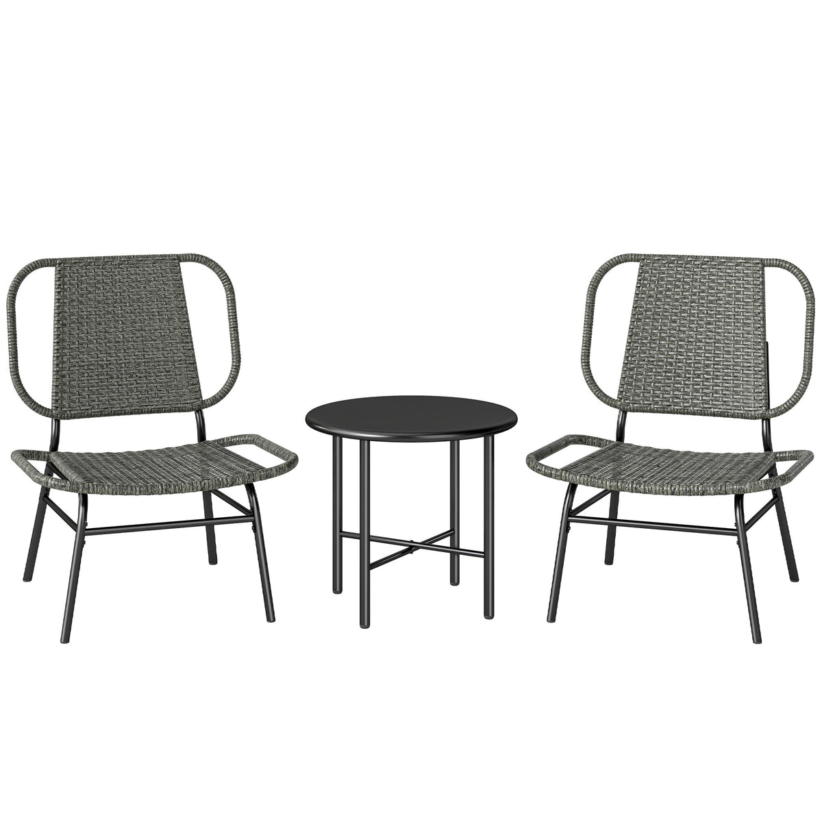 3 Piece Wicker Patio Bistro Set with 2 Armless Chairs and Steel Table, Grey
