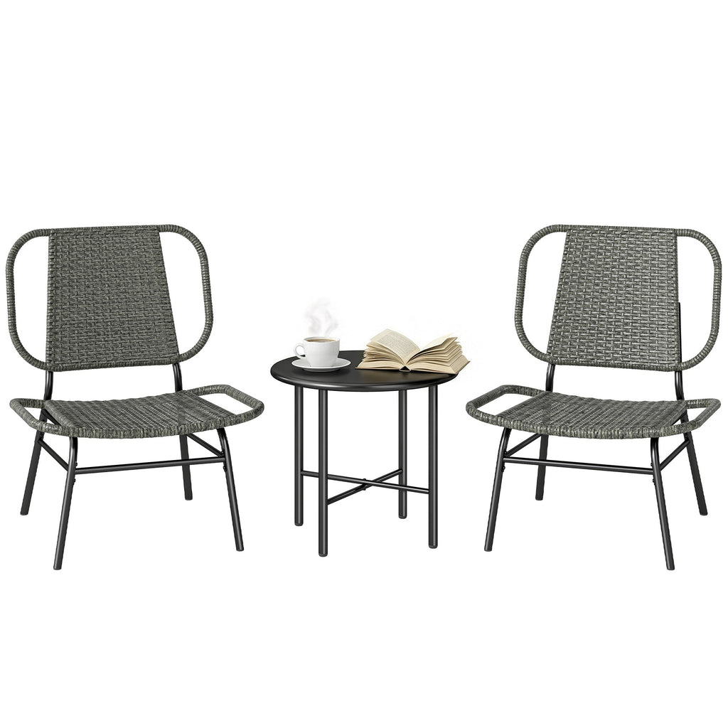 3 Piece Wicker Patio Bistro Set with 2 Armless Chairs and Steel Table, Grey