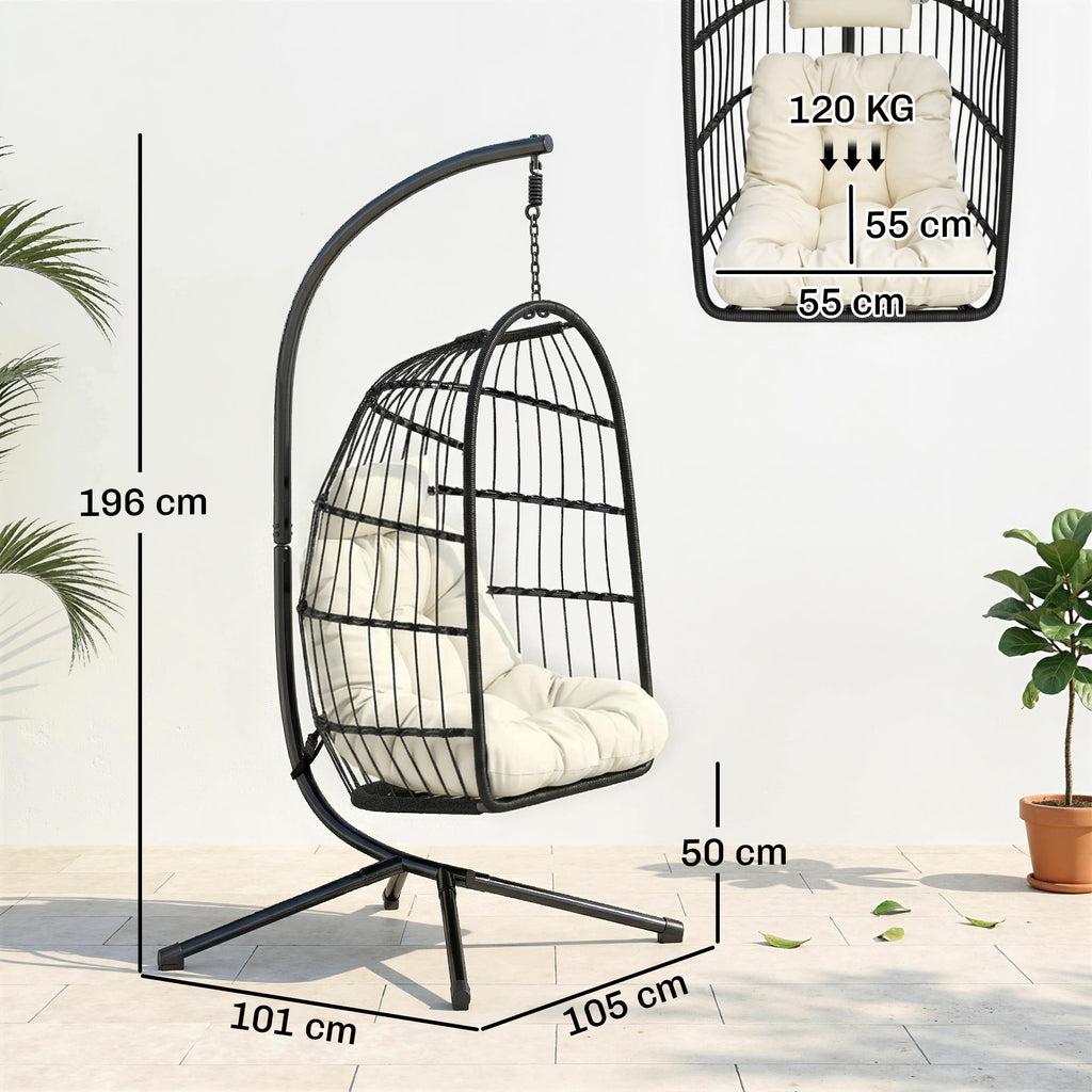 Hanging Egg Chair with Stand, Foldable Basket & Thick Cushion, Adjustable Height